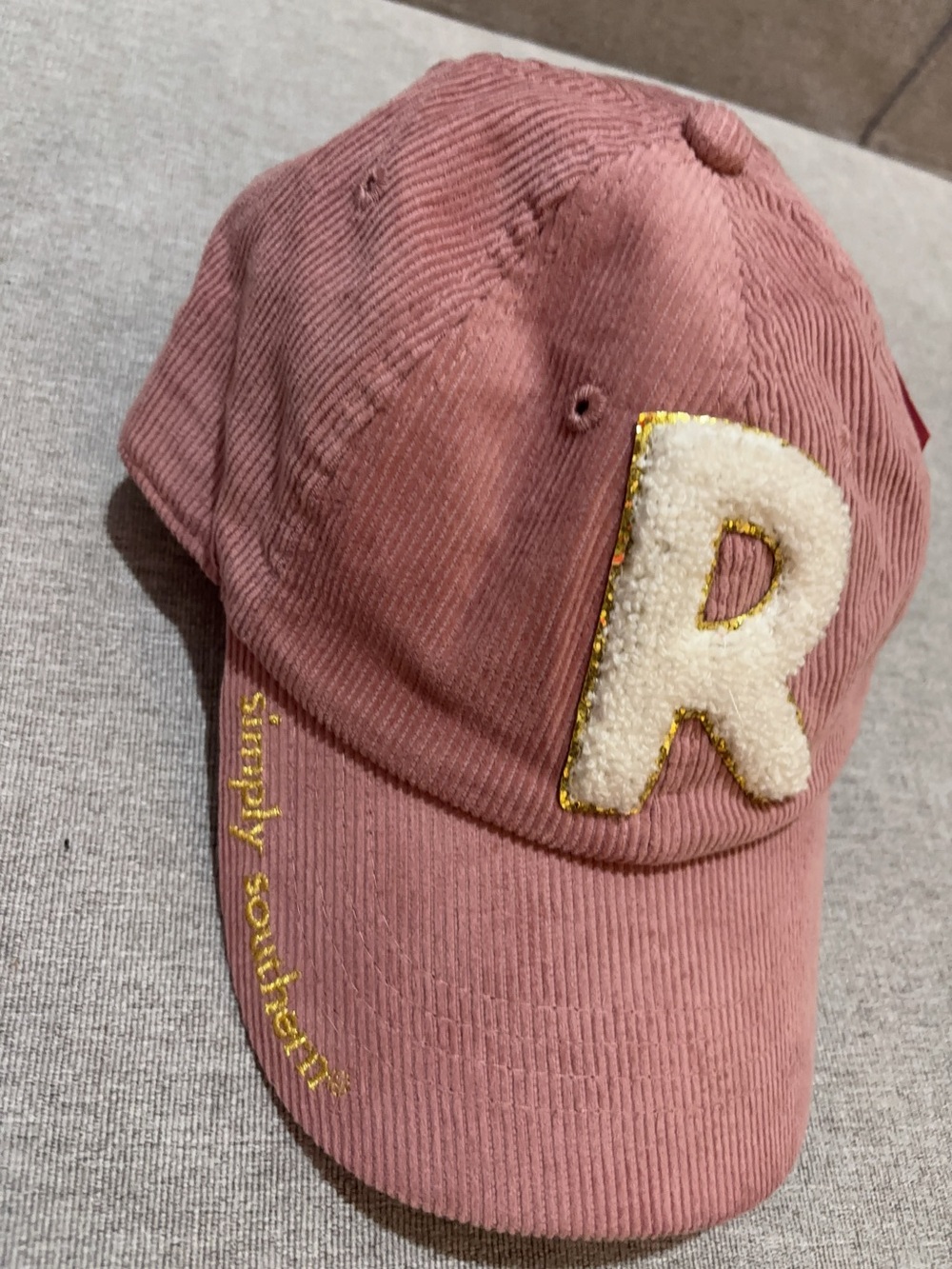 Simply Southern Pink Corduroy women Hat with White 'R' and Gold Accent